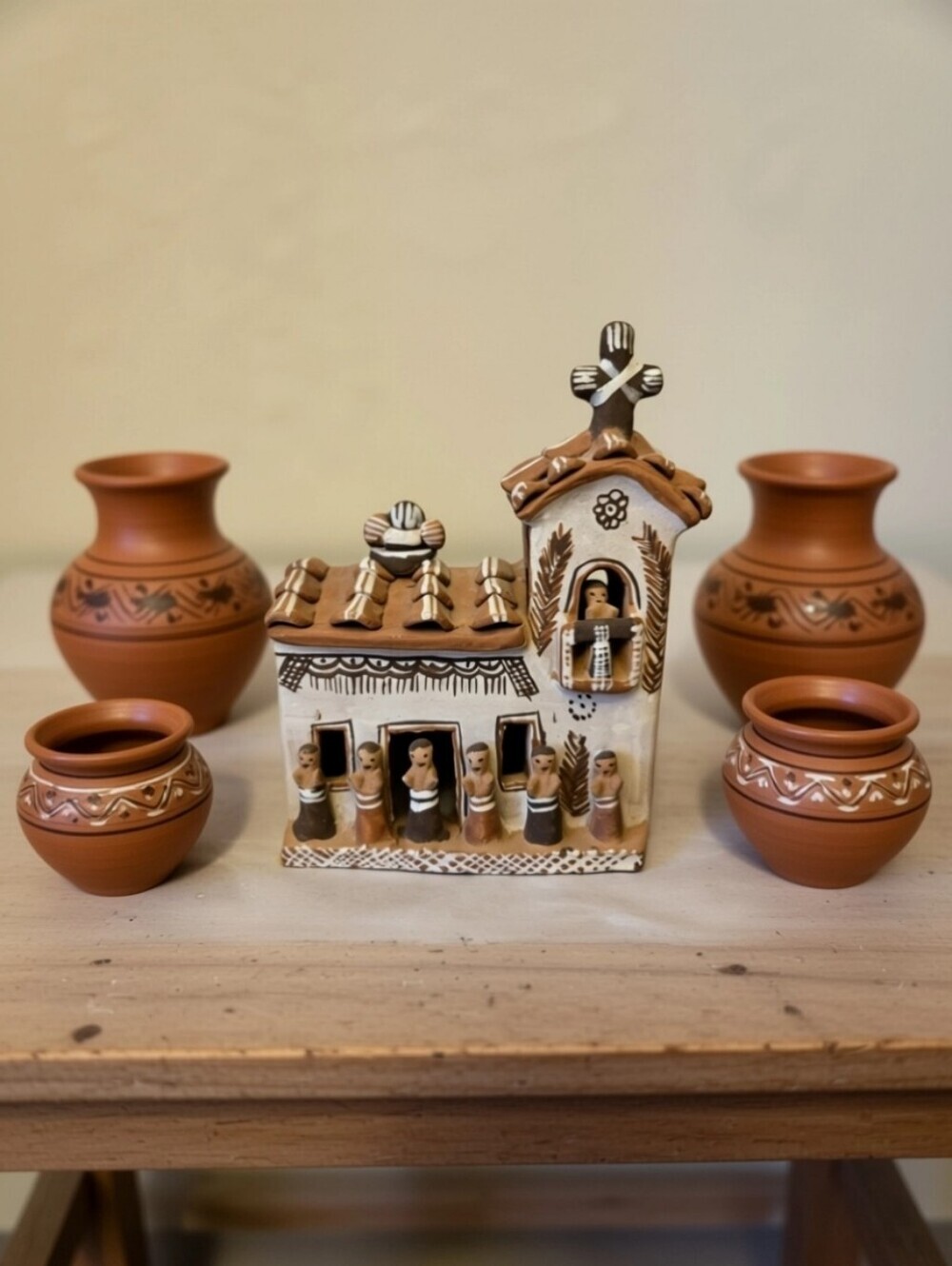 Peruvian Cathedral Red Clay Folk Art Handmade Hanf Painted Rustic Primative
